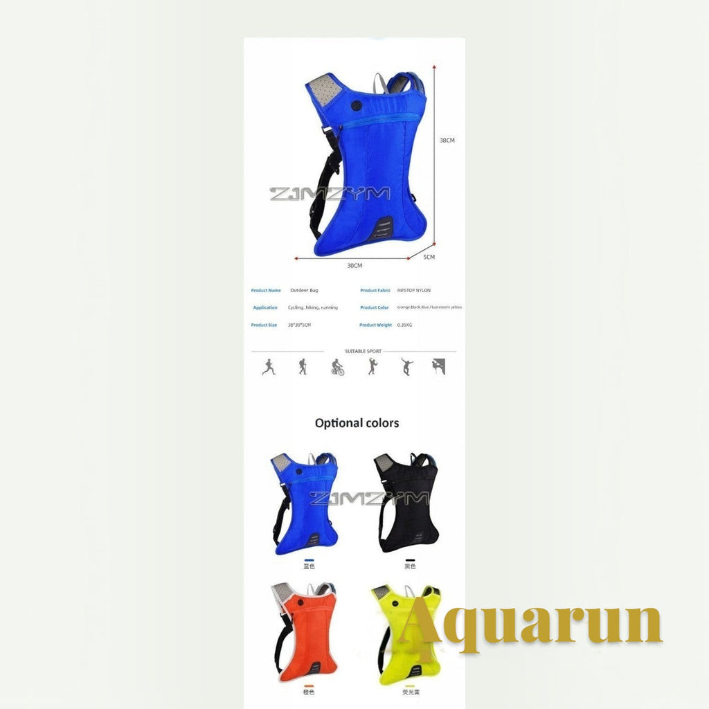 Gr8est Aquarun waterproof nylon hydration backpack in blue, black, orange, and yellow for running and cycling