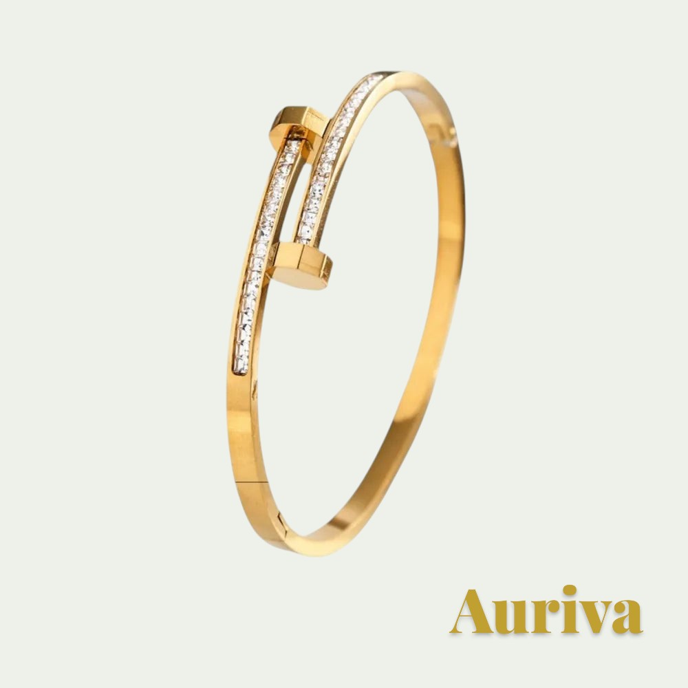 Gr8est Auriva gold titanium steel bangle featuring a nail-inspired design with pave-set cubic zirconia accents.