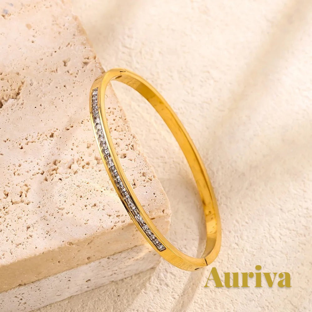Gr8est Auriva gold-tone titanium steel bangle featuring a row of pave-set cubic zirconia on a textured stone surface.