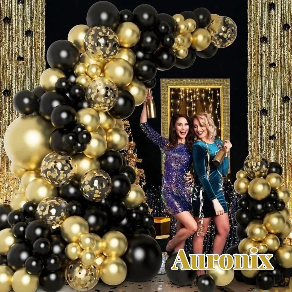 Gr8est Auronix gold and black latex balloon arch with confetti balloons for party decorations and celebrations