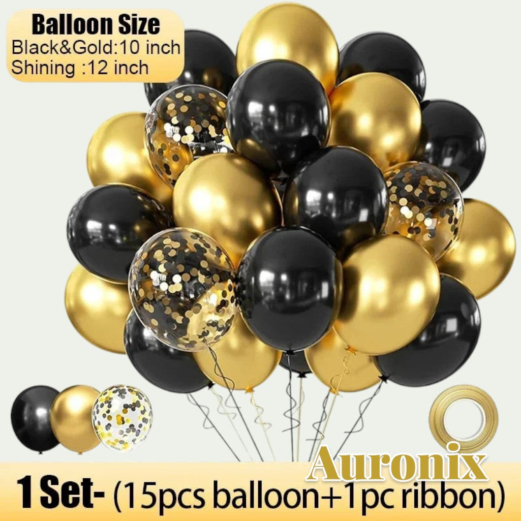 Gr8est Auronix gold and black latex balloons with confetti-filled accents and ribbon for party decorations