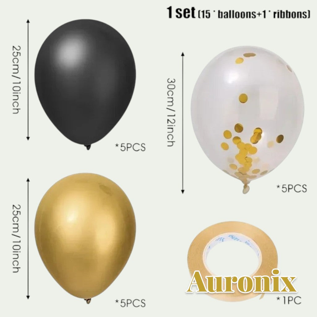 Gr8est Auronix gold and black latex balloon set with confetti-filled balloons and ribbon for party decorations.