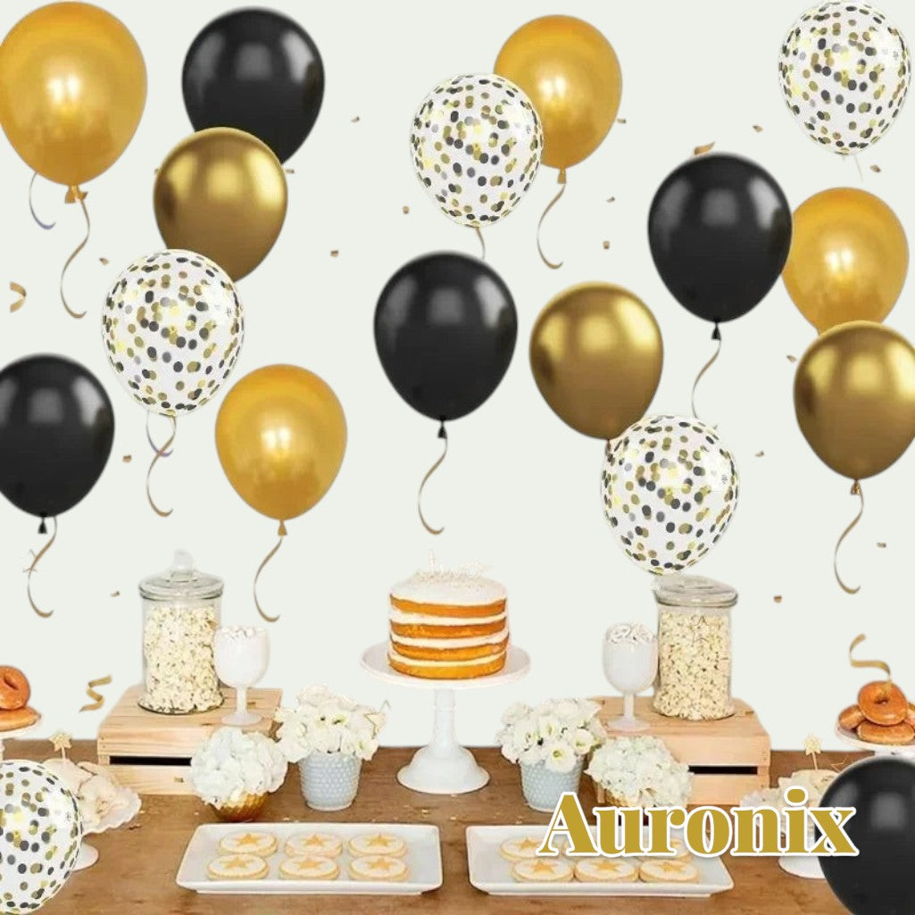Gr8est Auronix gold and black latex balloons with confetti-filled accents arranged over a party dessert table