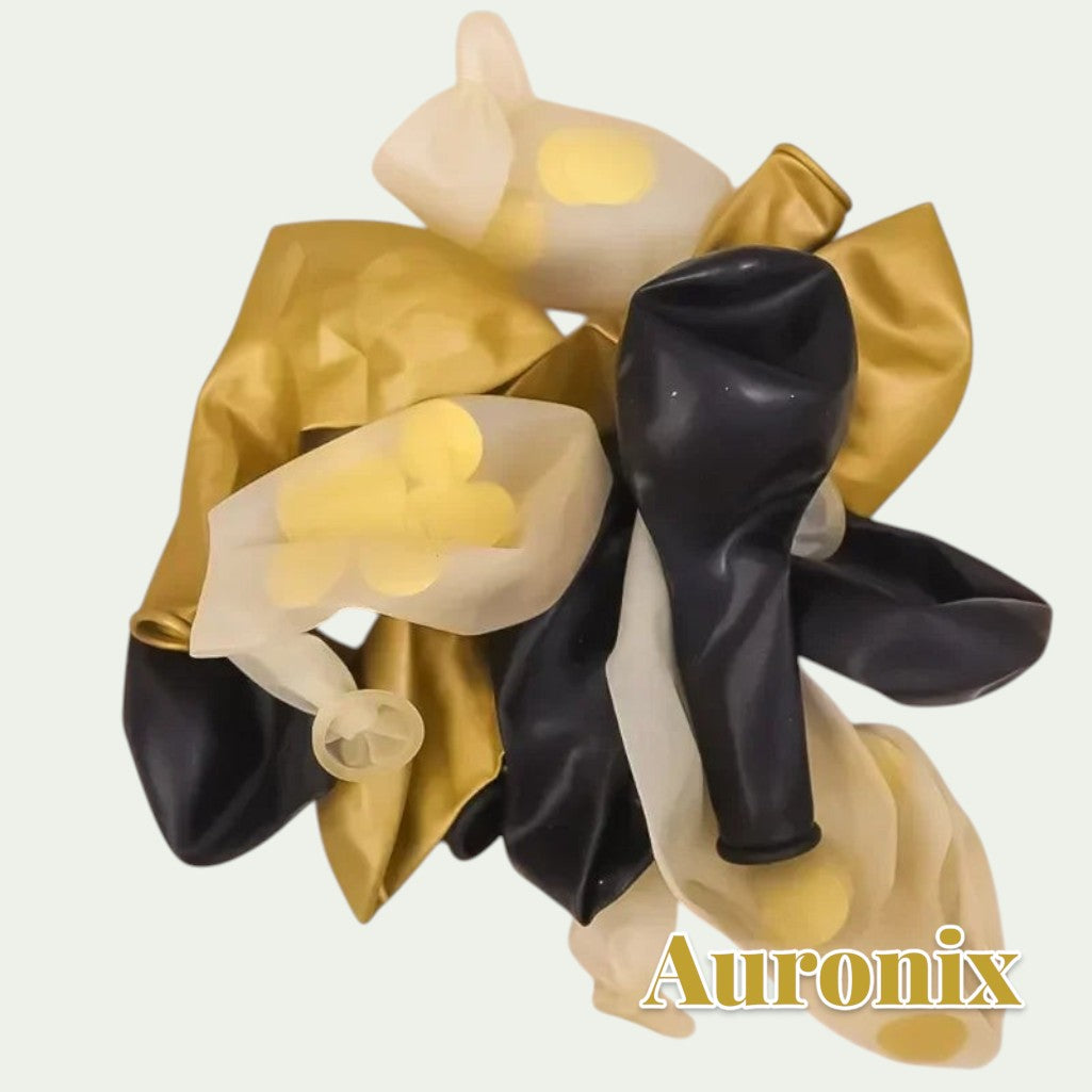 Gr8est Auronix gold and black latex balloons with confetti, perfect for party decorations and celebrations.