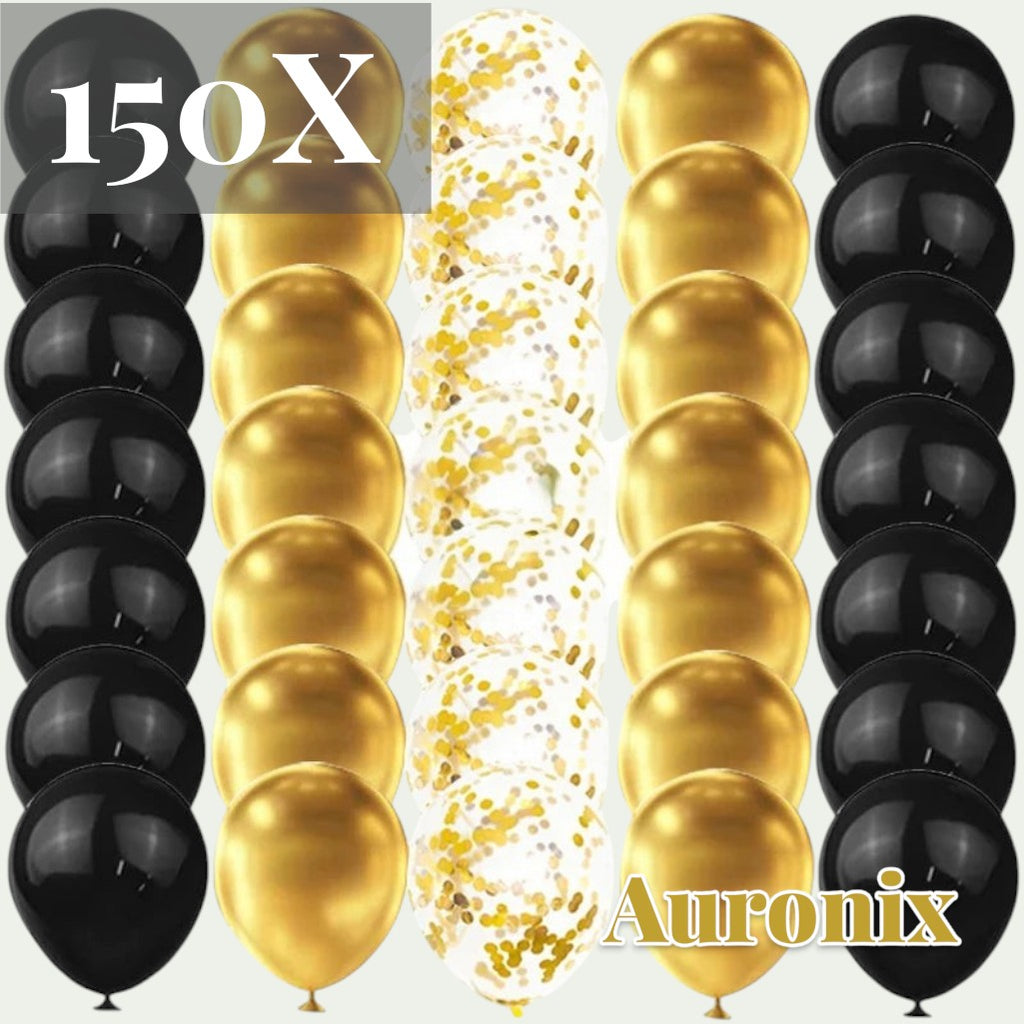 Gr8est Auronix gold and black latex balloons with gold confetti-filled balloons for party decorations