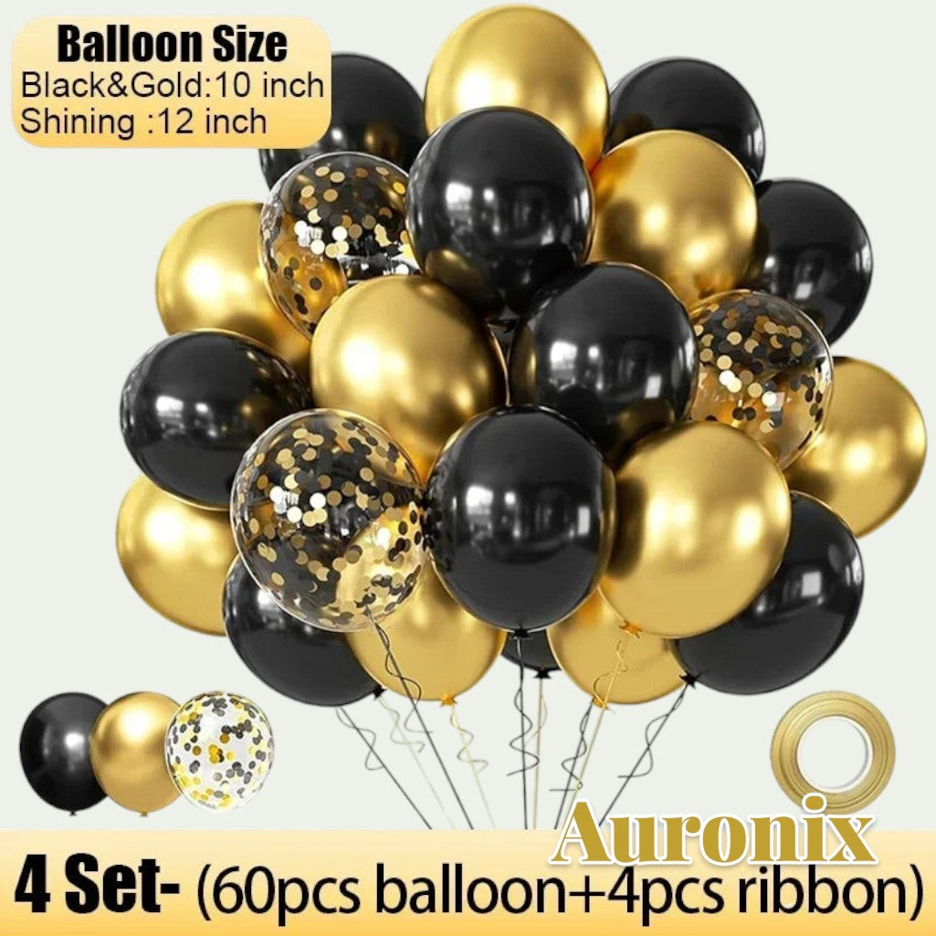 Gr8est Auronix gold and black latex balloons with confetti-filled balloons and ribbon for party decorations