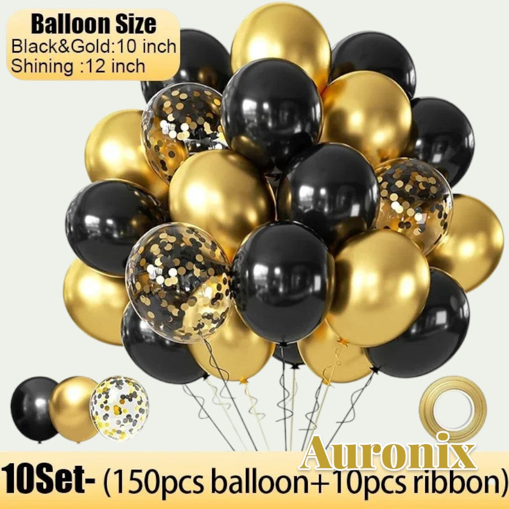 Gr8est Auronix gold and black latex balloons with confetti-filled designs for party and event decorations