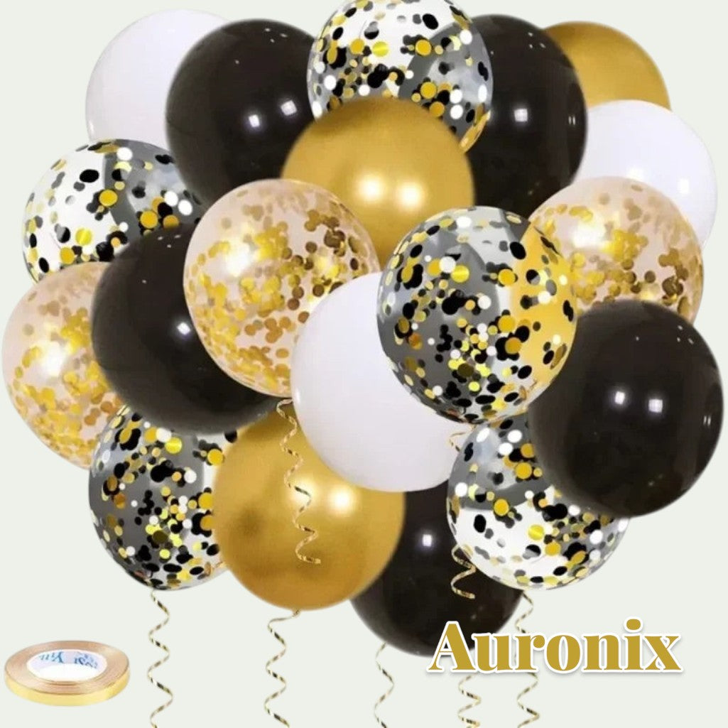 Gr8est Auronix gold, black, and white latex balloons with confetti filling and gold ribbons for party decorations