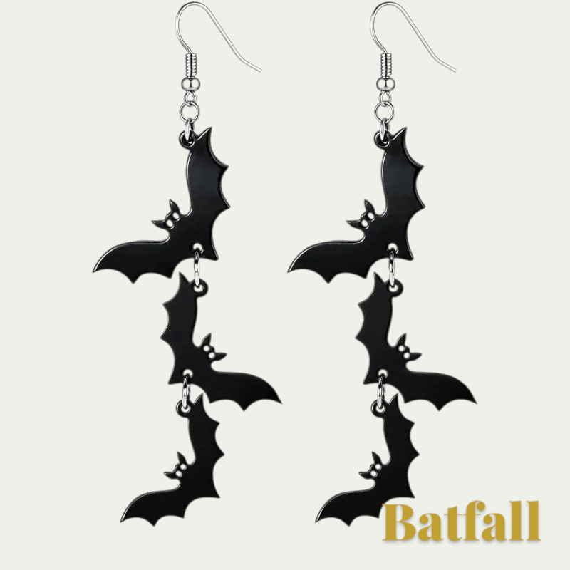 Gr8est Batfall black stainless steel drop earrings featuring a three-bat vertical design for Halloween costumes.