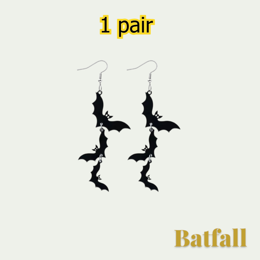 Gr8est Batfall Halloween drop earrings featuring three black bat silhouettes hanging from silver-tone hooks.