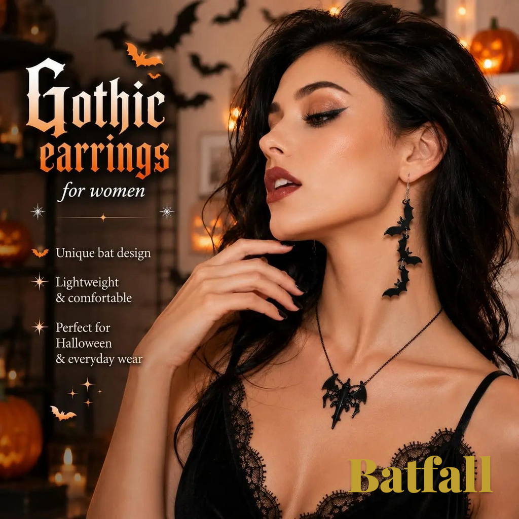 Gr8est Batfall black three-bat drop earrings worn by a woman in a gothic Halloween-themed setting