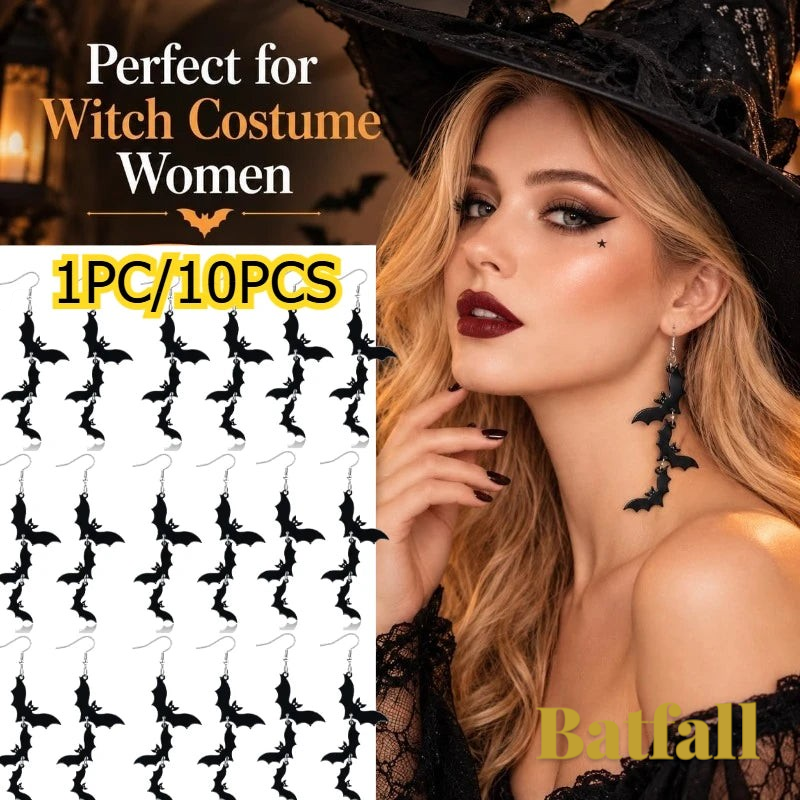Gr8est Batfall Halloween drop earrings featuring three black bat silhouettes worn by a woman in a witch costume.