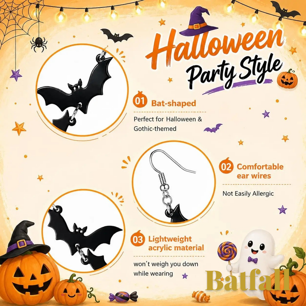 Gr8est Batfall Halloween drop earrings featuring black bat silhouettes on comfortable ear wires for gothic party style
