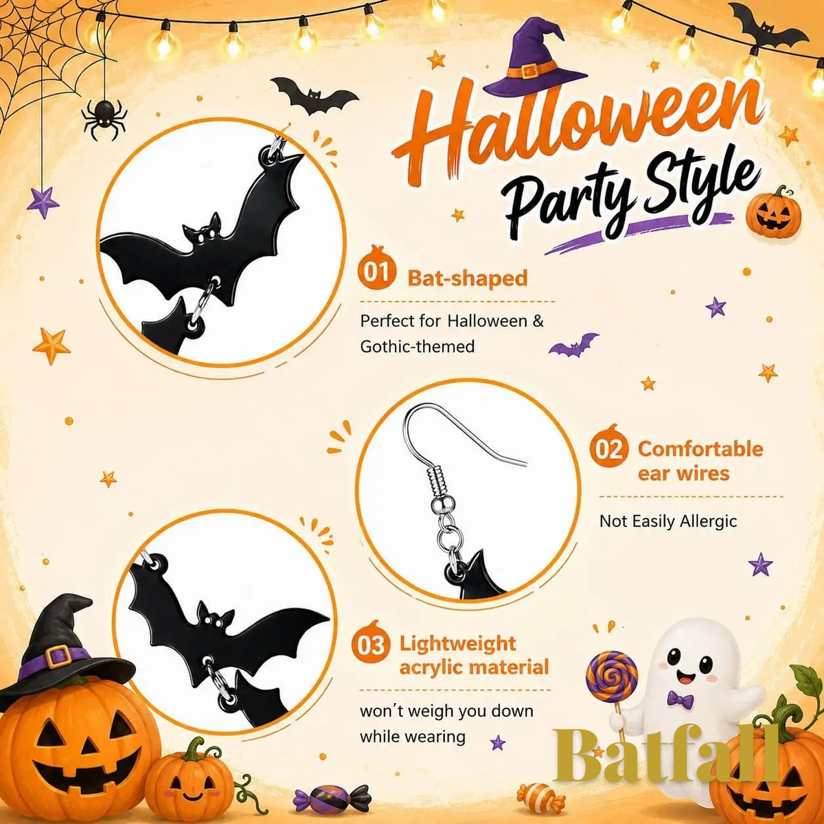Gr8est Batfall Halloween drop earrings featuring black bat silhouettes on comfortable ear wires for gothic party style