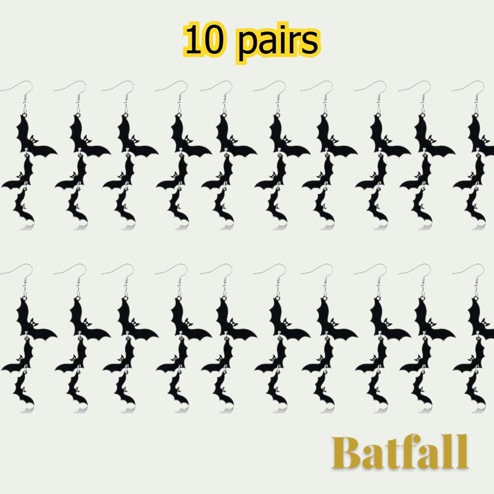 Gr8est Batfall Halloween drop earrings featuring ten pairs of black three-bat stainless steel silhouettes.