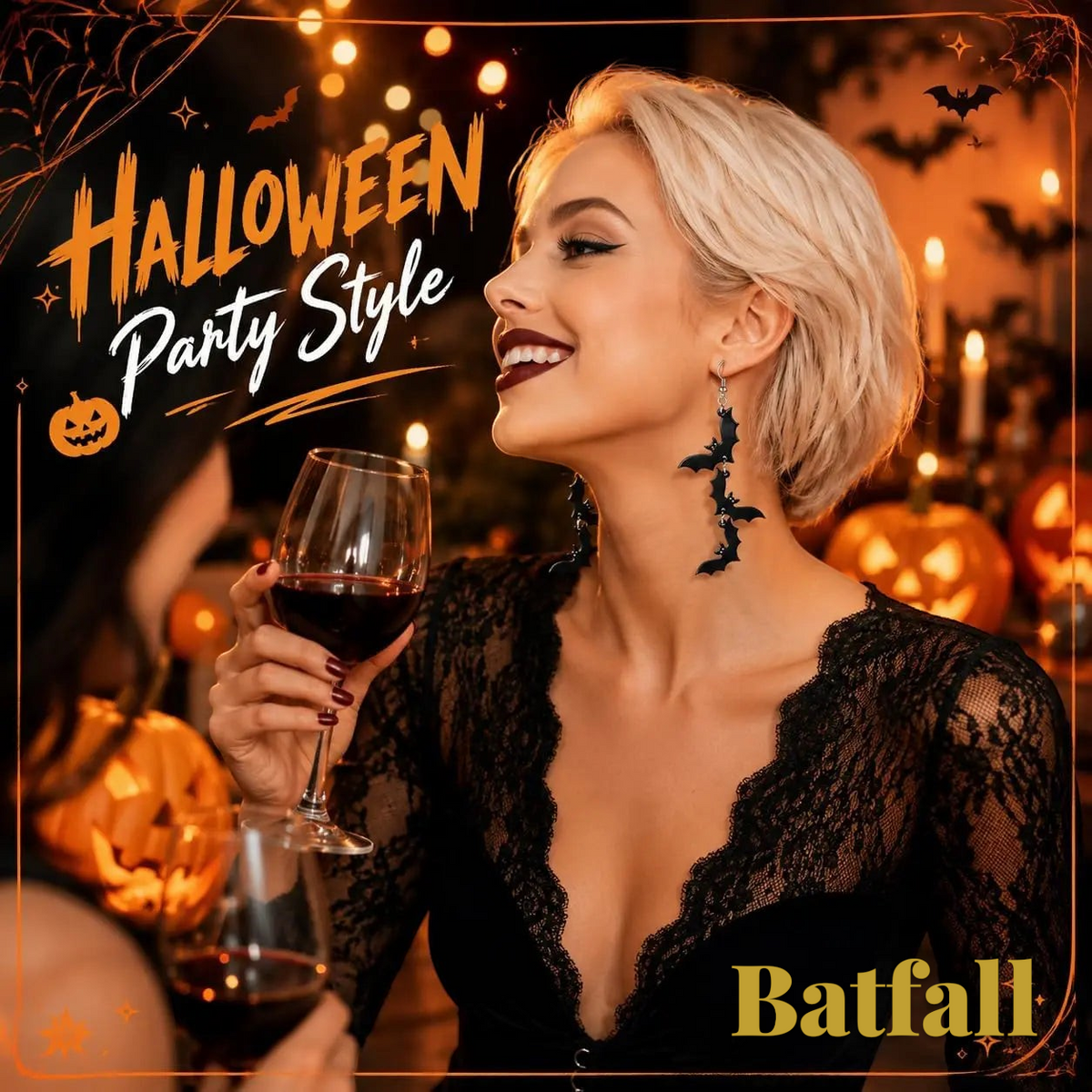 Gr8est Batfall black three-bat drop earrings worn by a woman in a lace top at a Halloween party with pumpkins