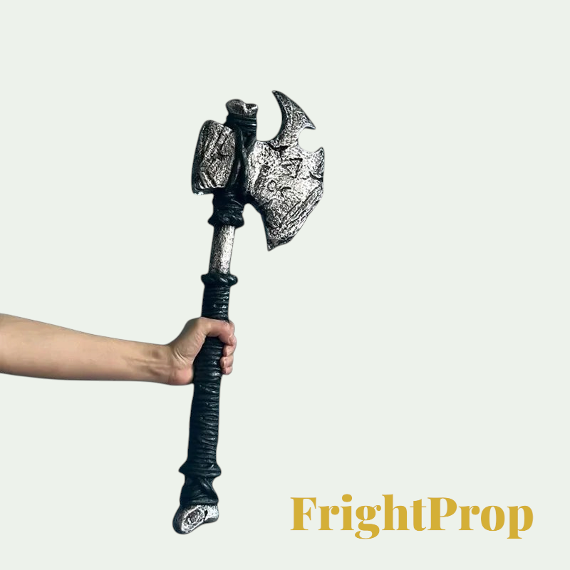 Gr8est battle axe costume prop made of soft PU rubber with a weathered silver blade and black handle held by a hand