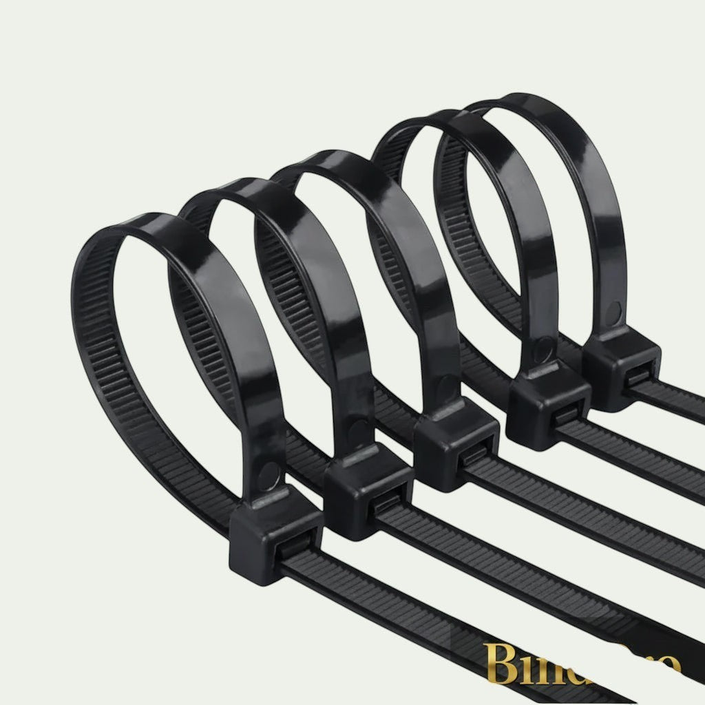 Gr8est BindPro black nylon self-locking cable ties arranged in a row for wire and cable organization.