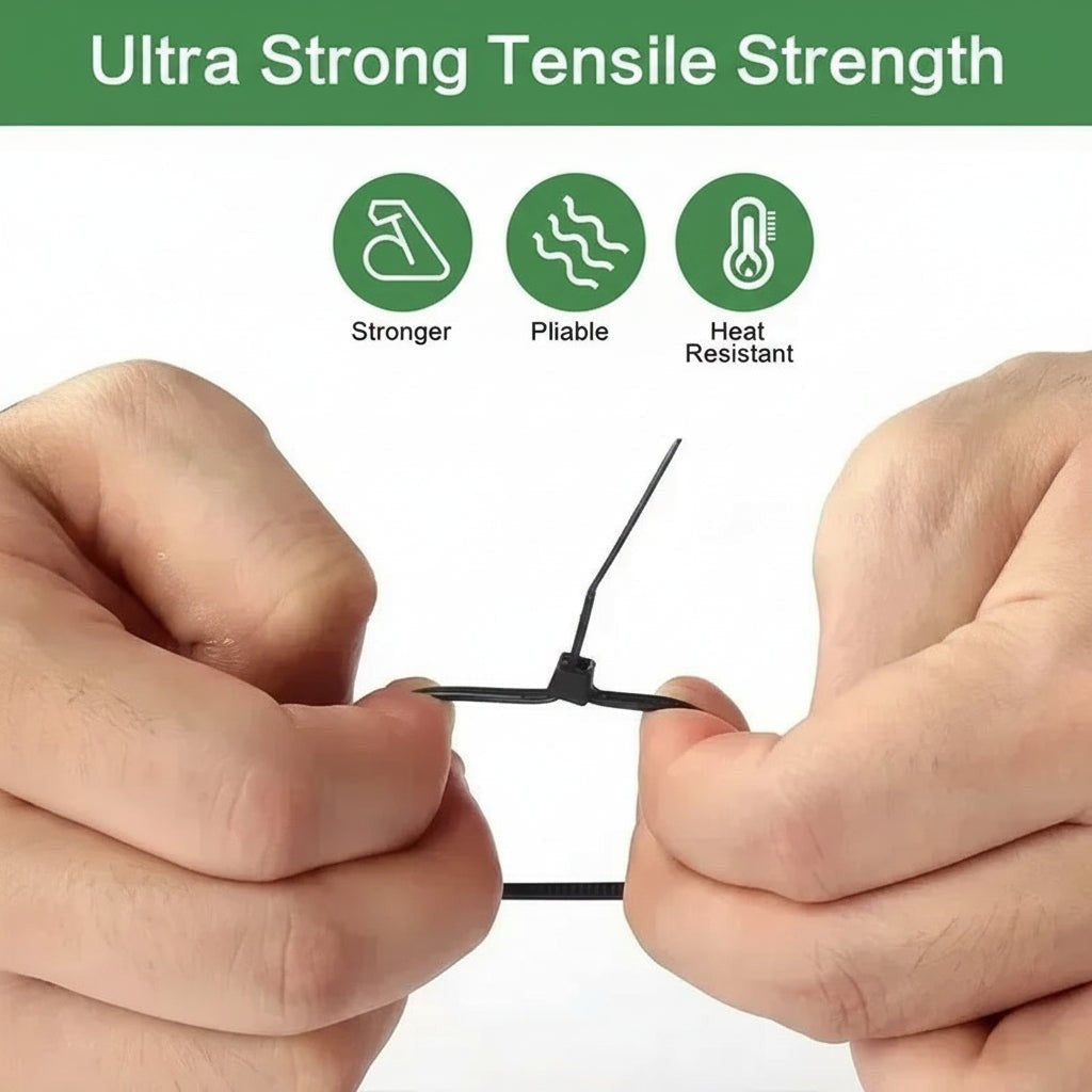 Gr8est BindPro black nylon cable tie being pulled to demonstrate high tensile strength and durability