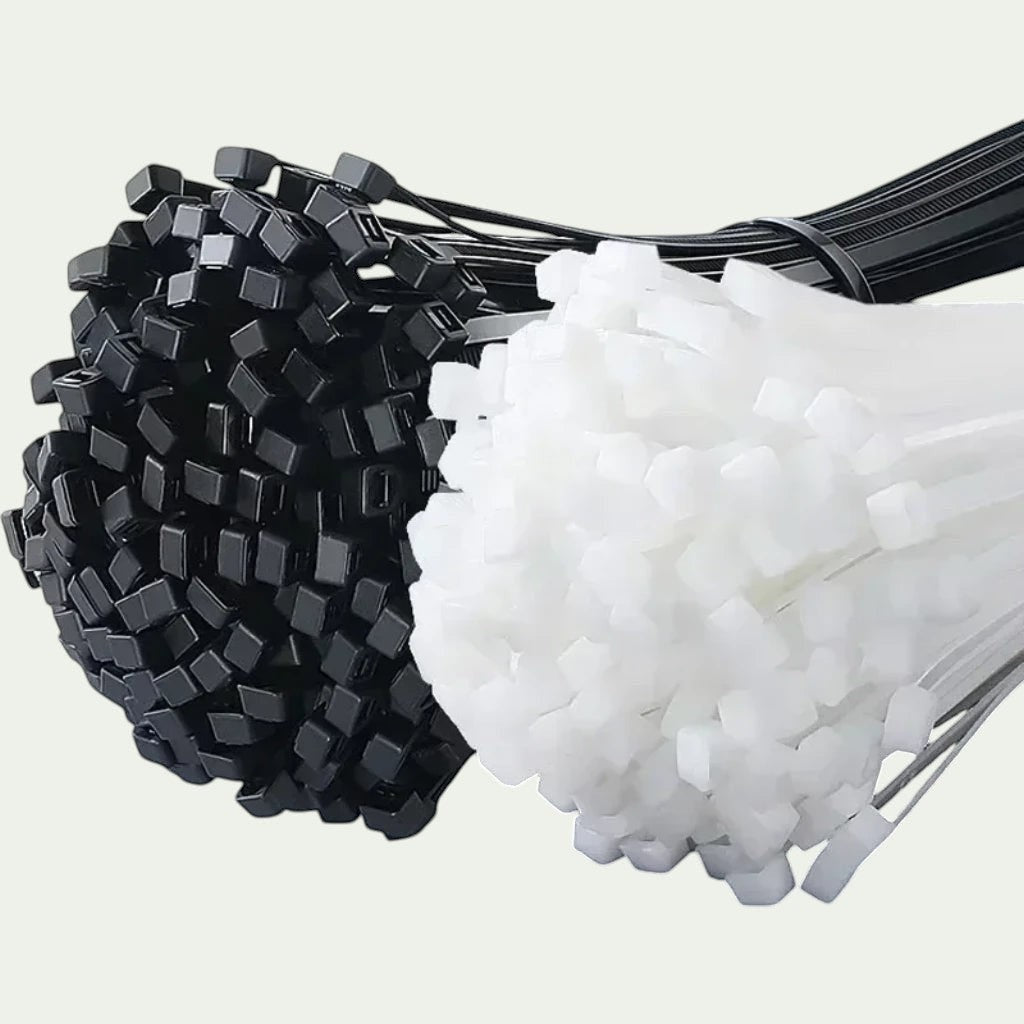 Gr8est BindPro self-locking nylon cable ties in black and white bulk packs for organized cable management.