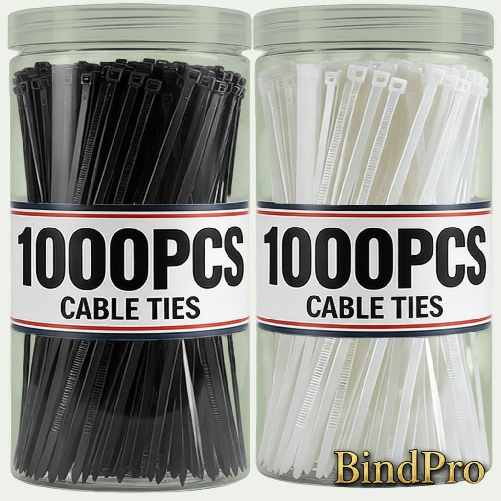 Gr8est BindPro bulk pack of black and white self-locking nylon cable ties stored in two clear plastic containers.