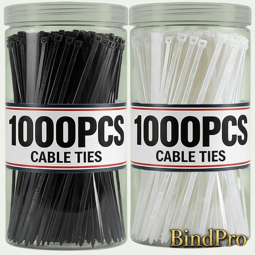 Gr8est BindPro bulk pack of black and white self-locking nylon cable ties stored in two clear plastic containers.