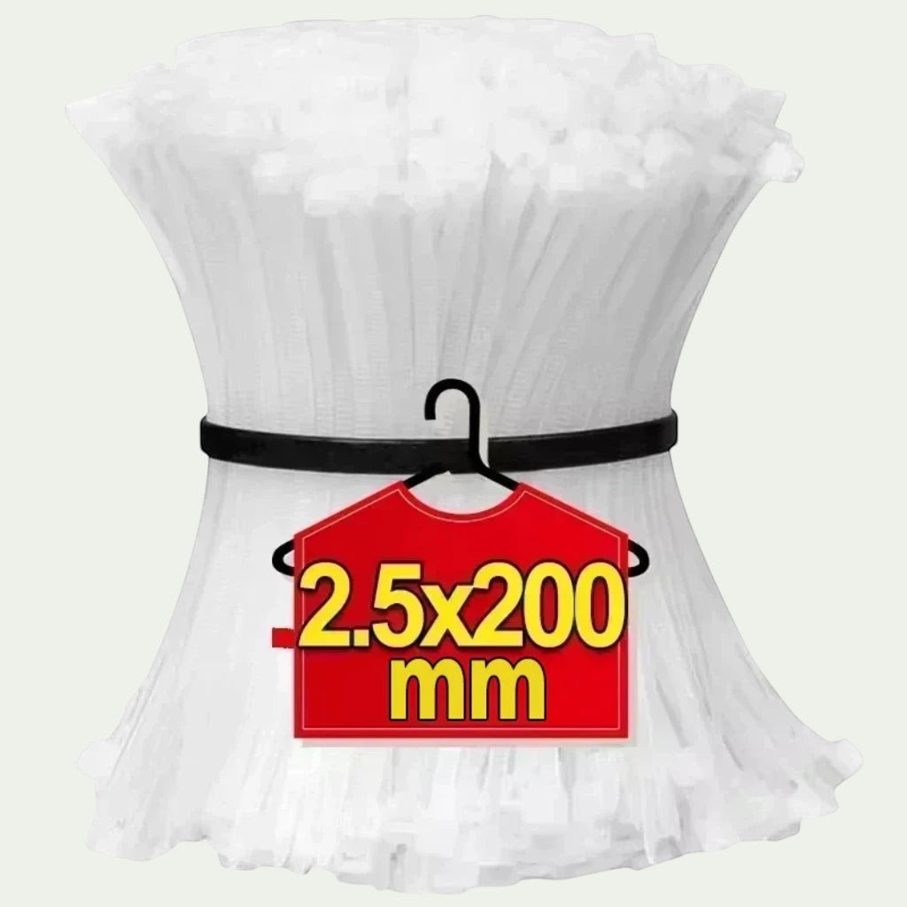 Gr8est BindPro white nylon self-locking cable ties in a 2.5x200mm bulk bundle for cable management.