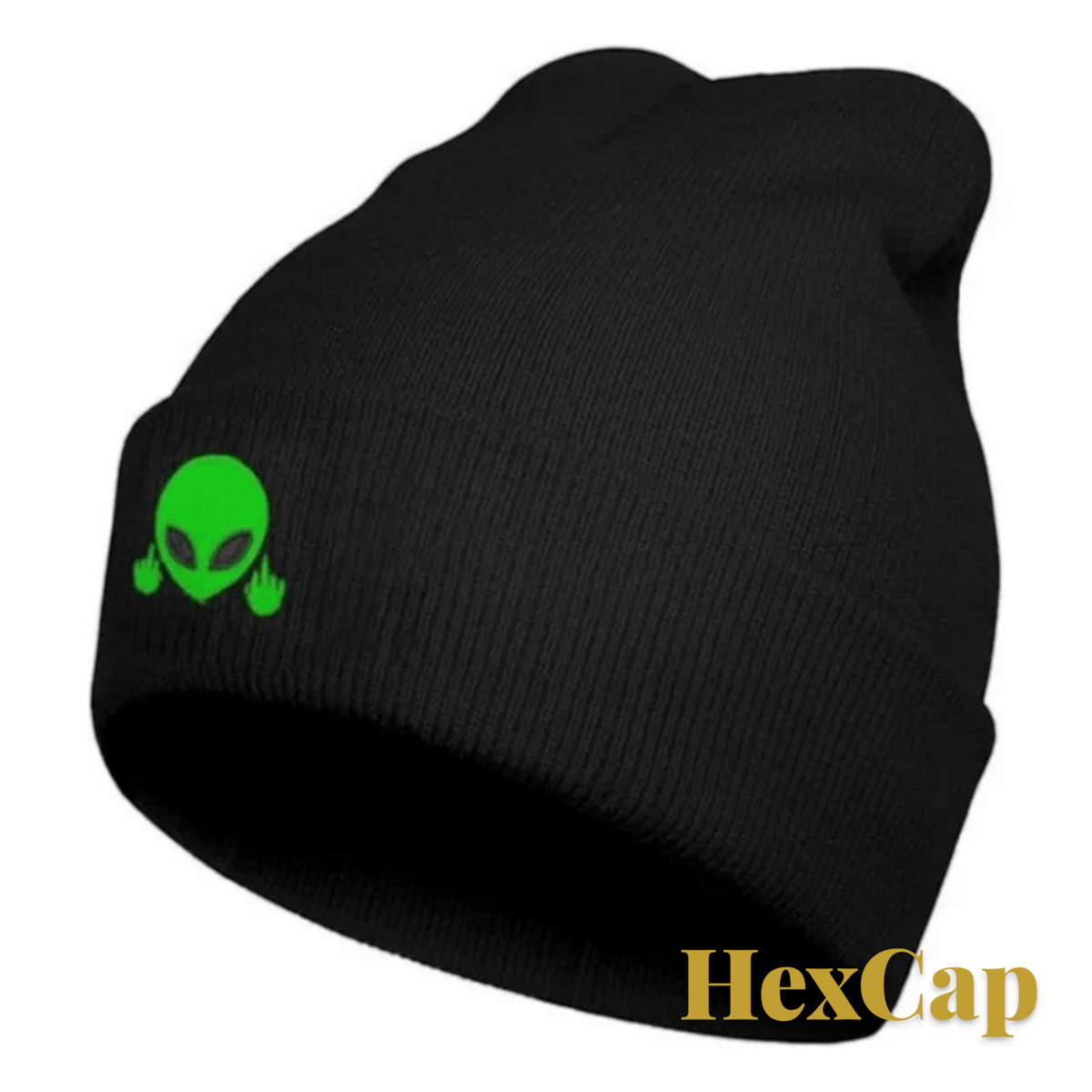 Gr8est black knit beanie featuring a bright green alien embroidery, perfect for casual autumn and winter wear.
