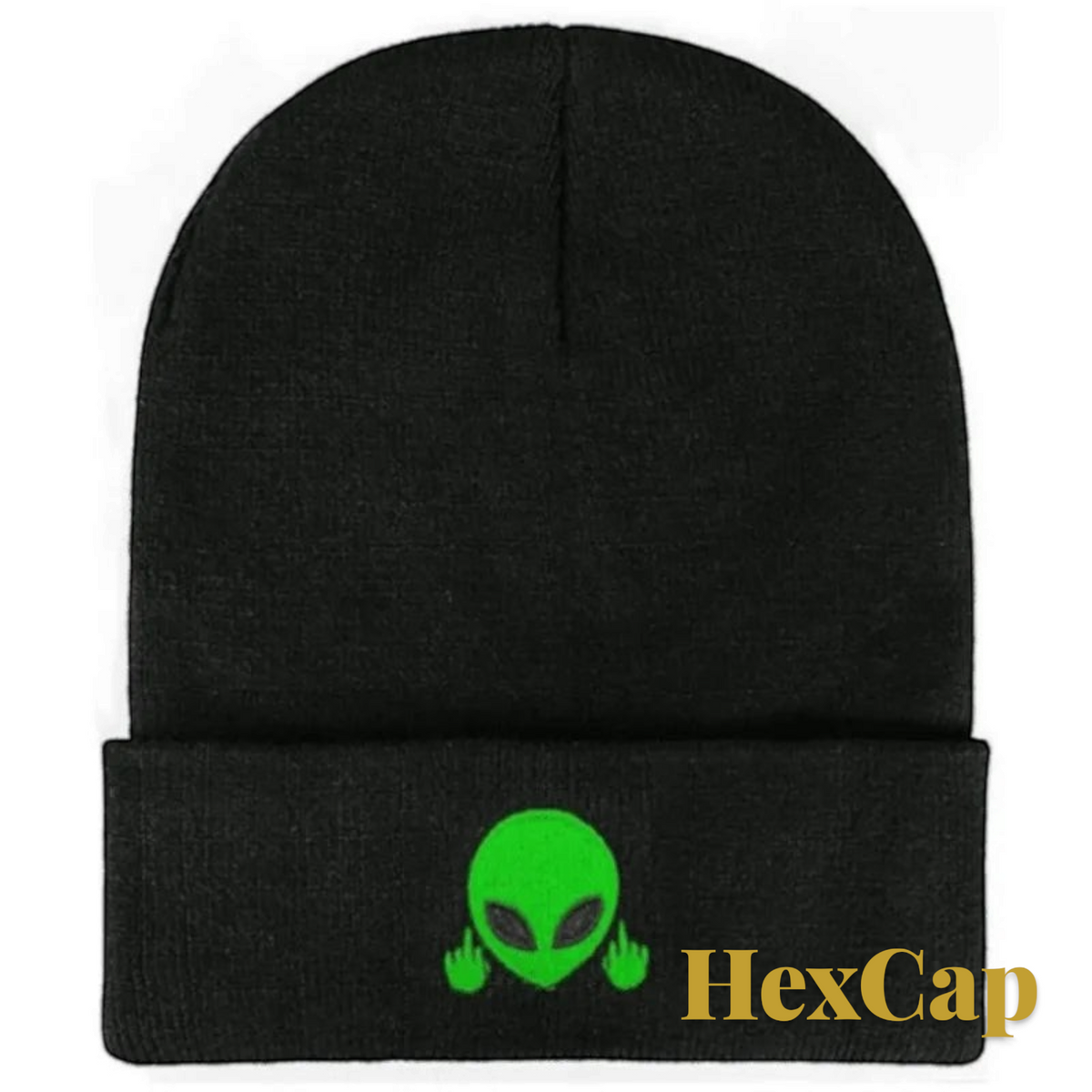 Gr8est black knit beanie featuring a green embroidered alien giving the middle finger, perfect for casual autumn wear.