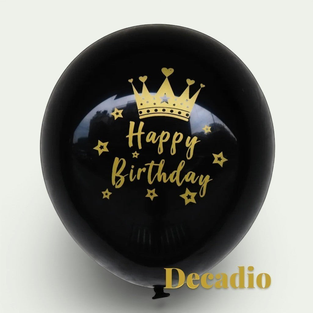 Gr8est black latex balloon with gold Happy Birthday text and crown print for milestone celebrations