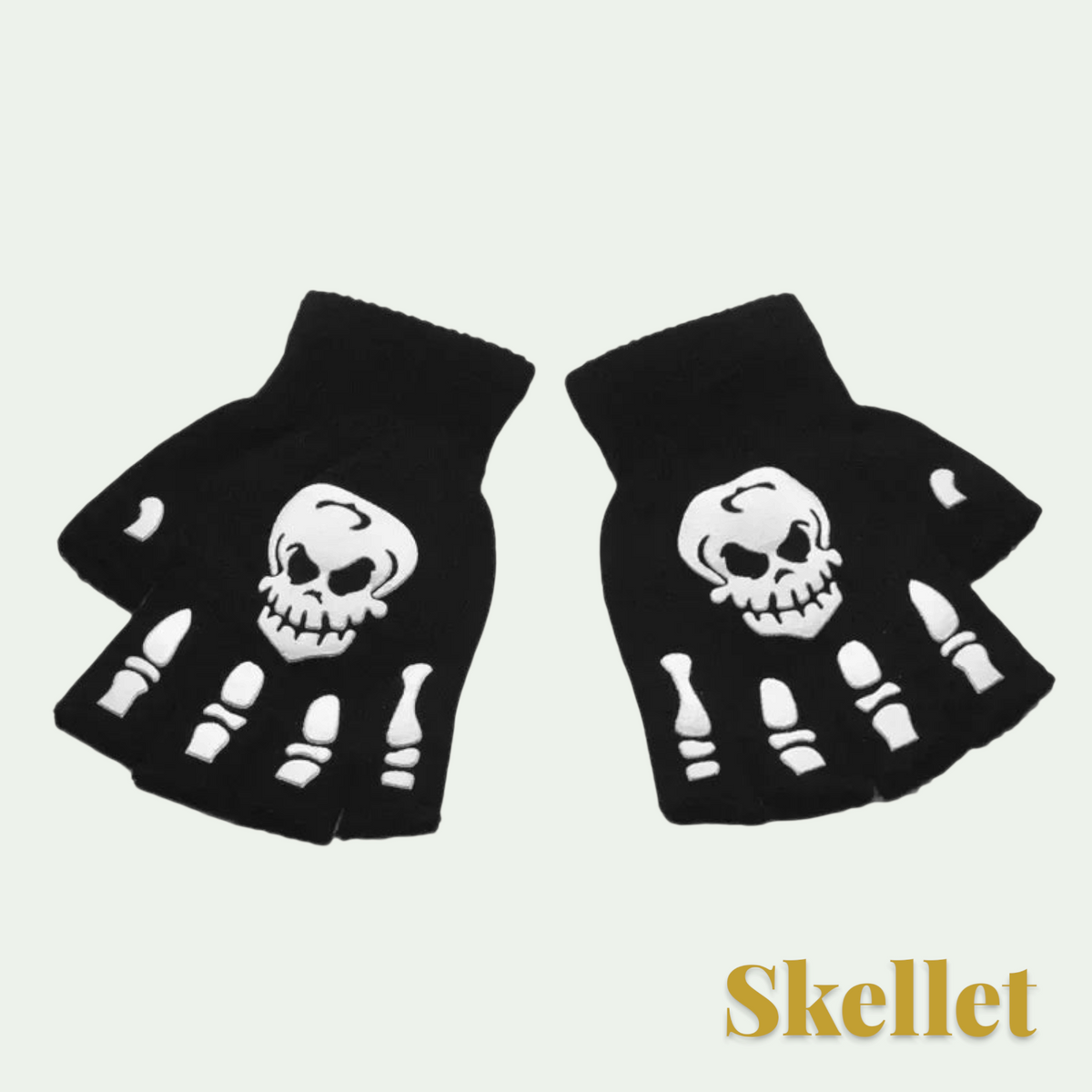 Gr8est black fingerless gloves featuring a white skull and bone print for Halloween costumes.