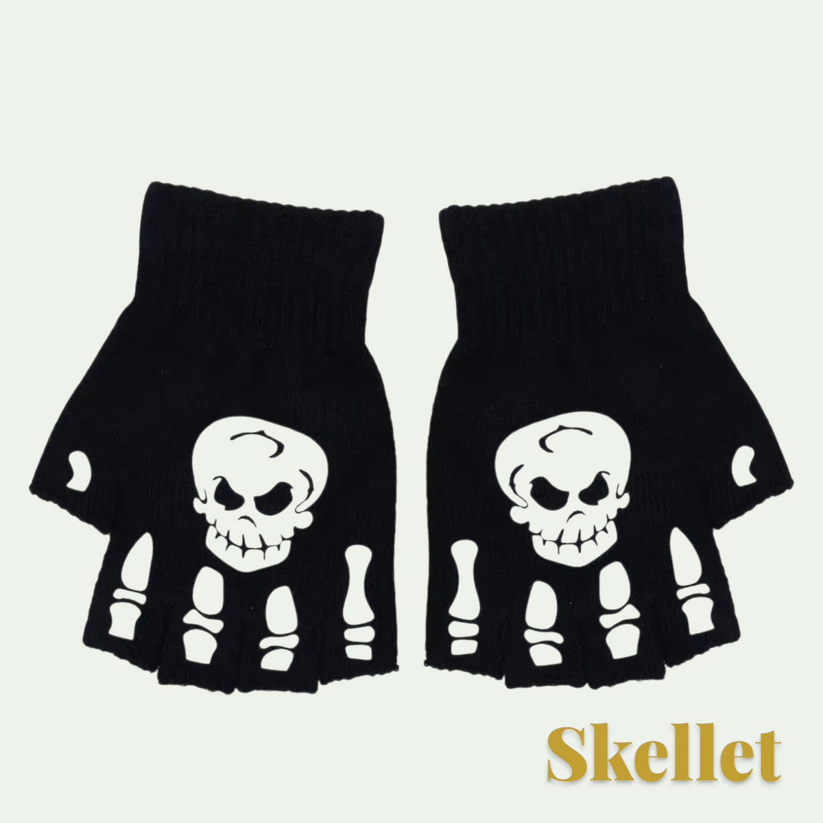 Gr8est black fingerless gloves featuring a white skull and skeleton hand bone print for Halloween costumes