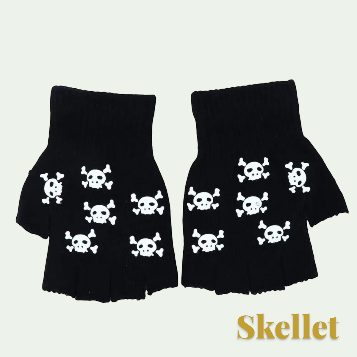 Gr8est black fingerless gloves featuring a white skull and crossbones pattern for Halloween costumes