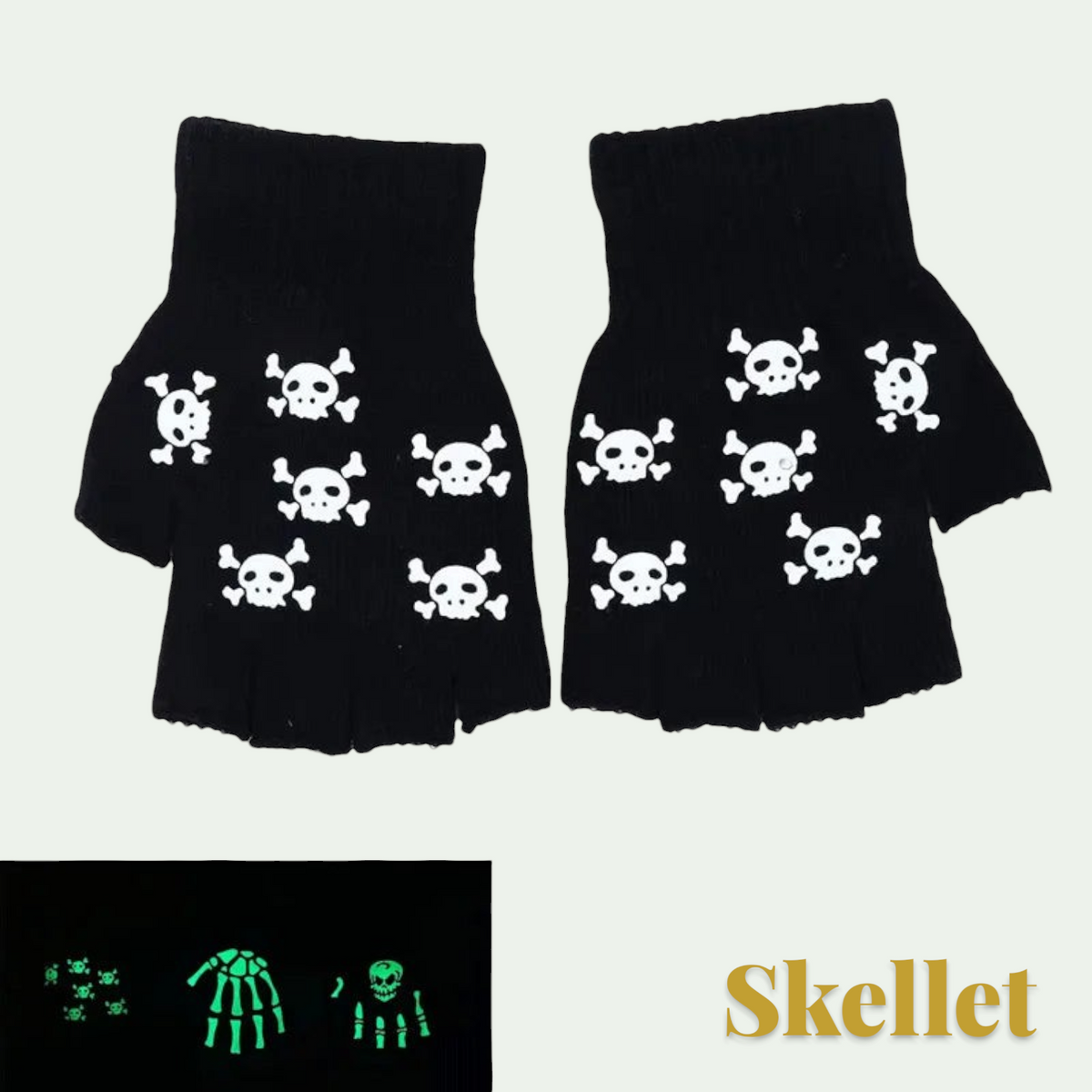 Gr8est black fingerless gloves featuring a white skull and crossbones pattern for Halloween costumes