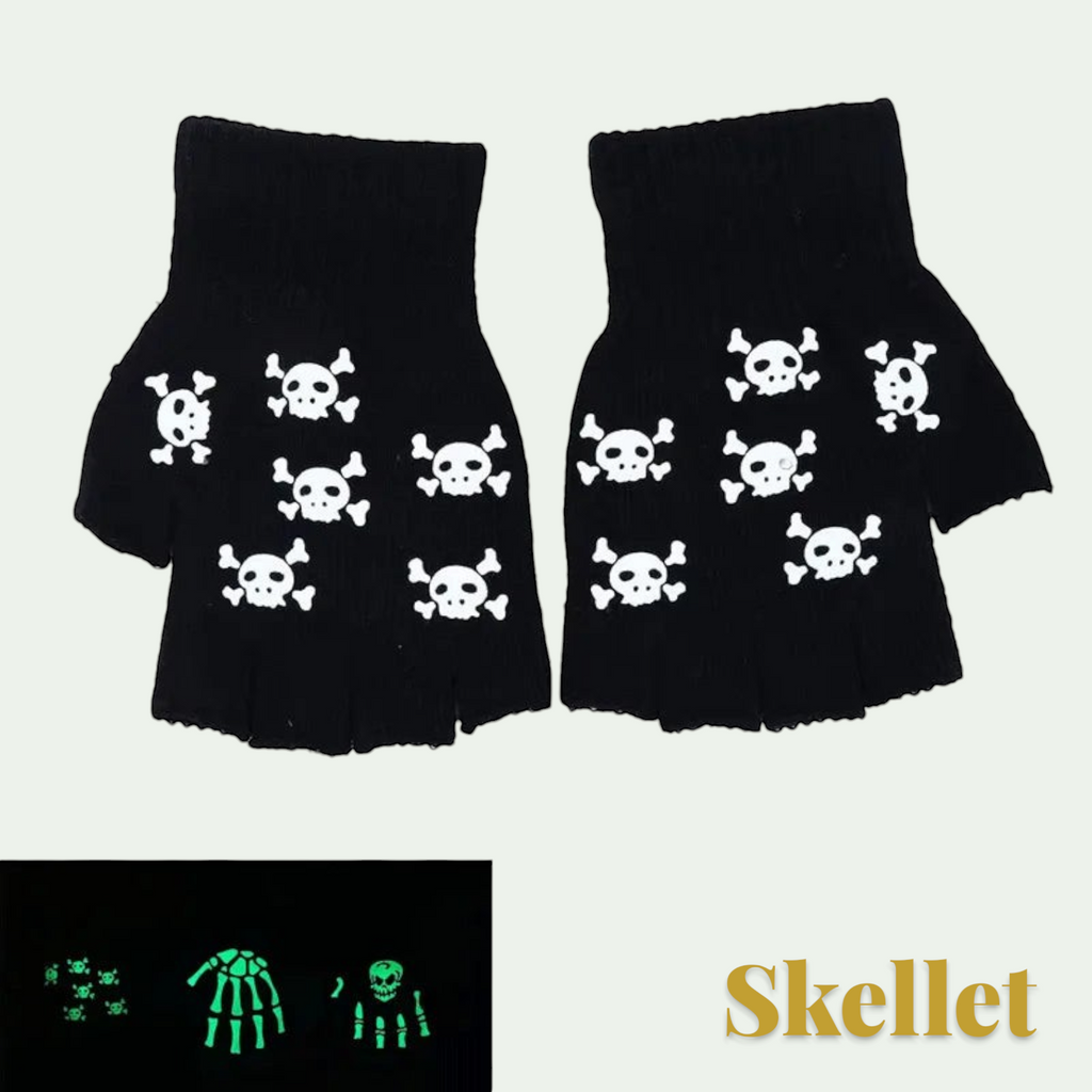 Gr8est black fingerless gloves featuring a white skull and crossbones pattern for Halloween costumes.