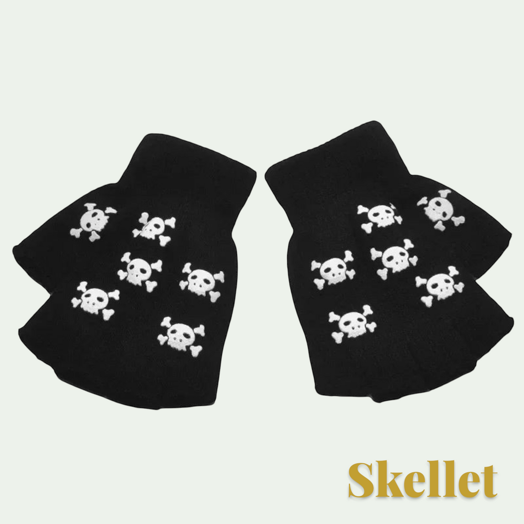 Gr8est black fingerless gloves featuring a white skull and crossbones pattern for Halloween costumes