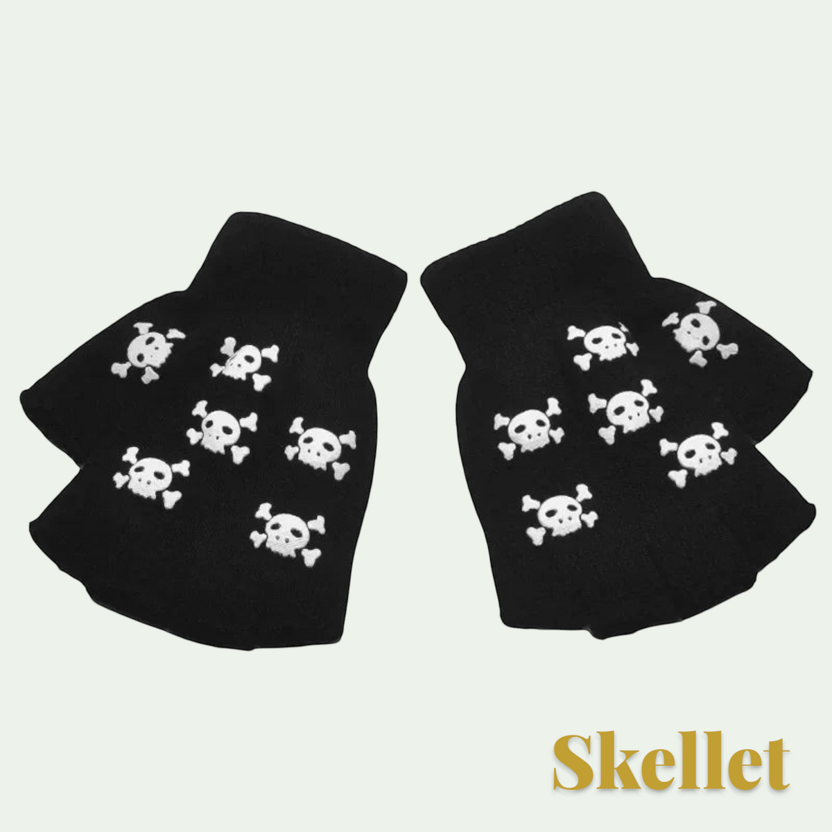 Gr8est black fingerless gloves featuring a white skull and crossbones pattern for Halloween costumes
