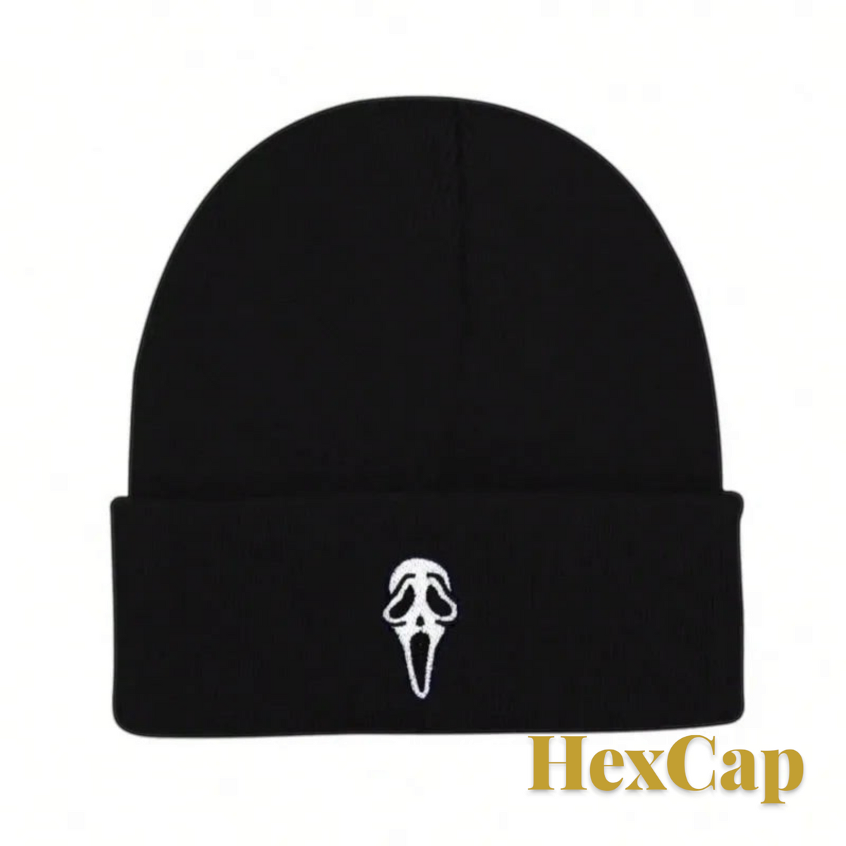 Gr8est black knit beanie featuring a white embroidered ghost skull design, perfect for Halloween and winter wear.
