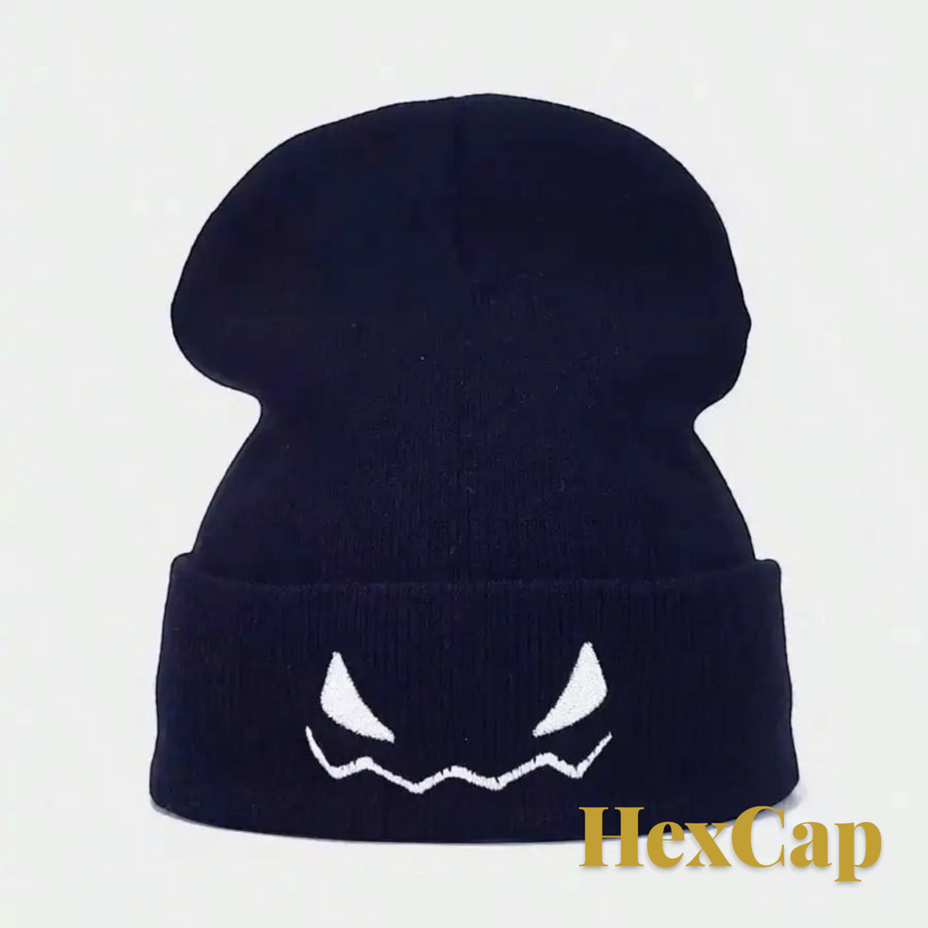 Gr8est black knit beanie with white embroidered skull face design for Halloween and autumn outdoor wear