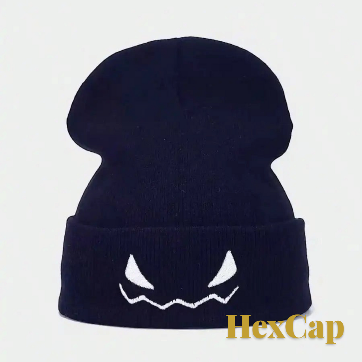 Gr8est black knit beanie with white embroidered skull face design for Halloween and autumn outdoor wear