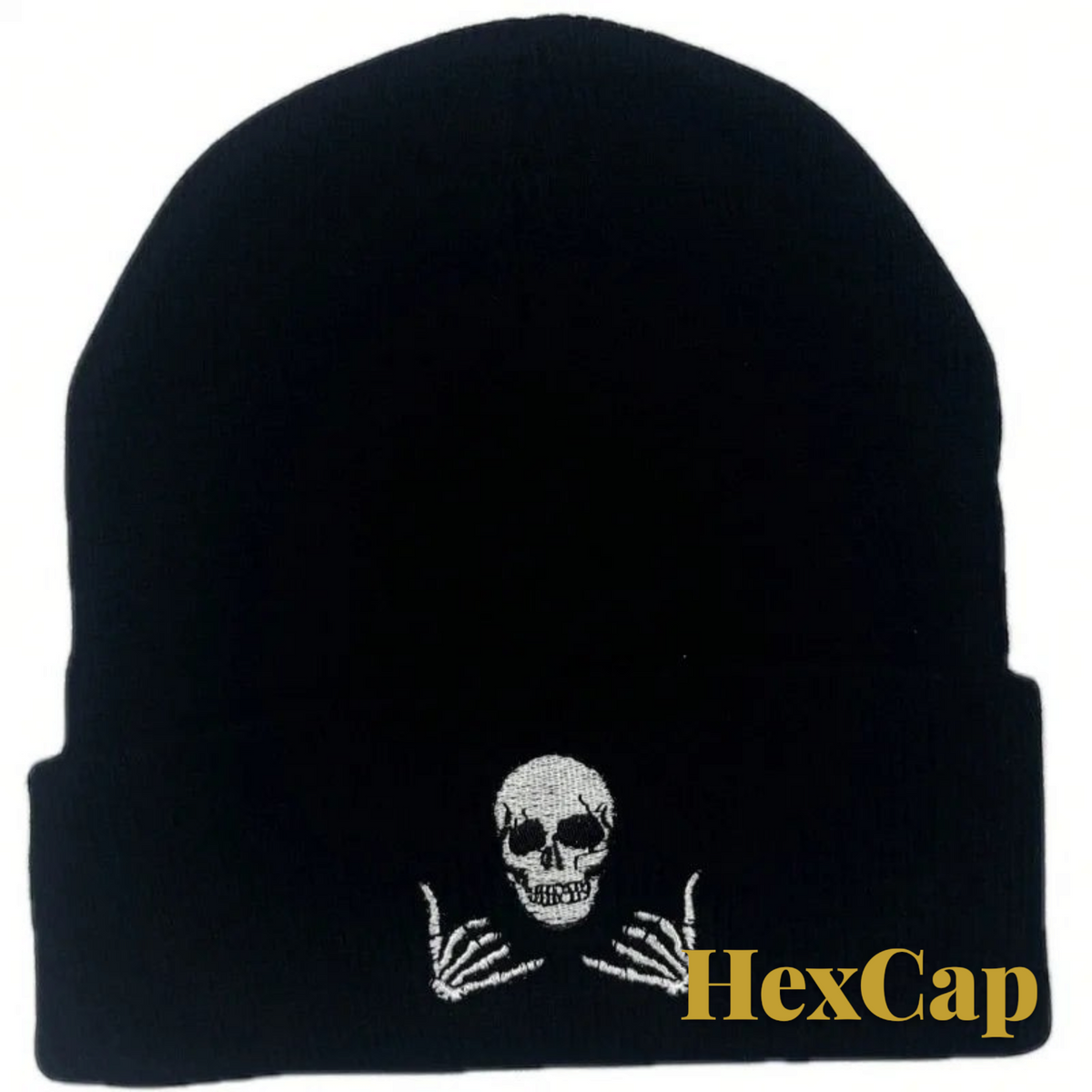 Gr8est black knit beanie featuring white skull embroidery, a unisex winter hat for casual Halloween style.