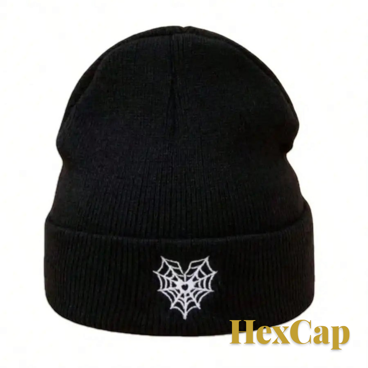 Gr8est black knit beanie with white spider web embroidery, a cozy unisex winter accessory for casual Halloween style.