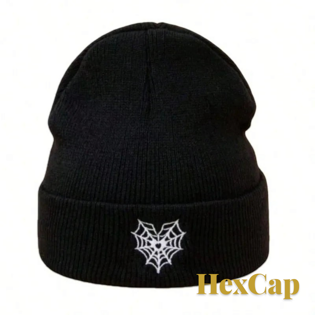 Gr8est black knit beanie featuring white spider web embroidery on the cuff for a festive Halloween look