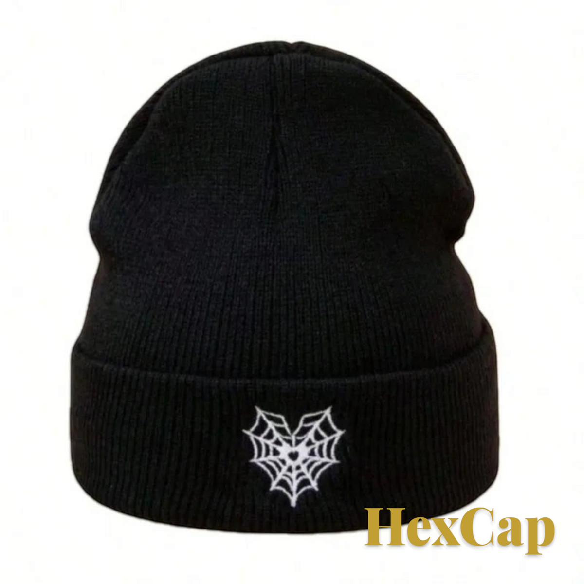 Gr8est black knit beanie featuring white spider web embroidery on the cuff for a festive Halloween look