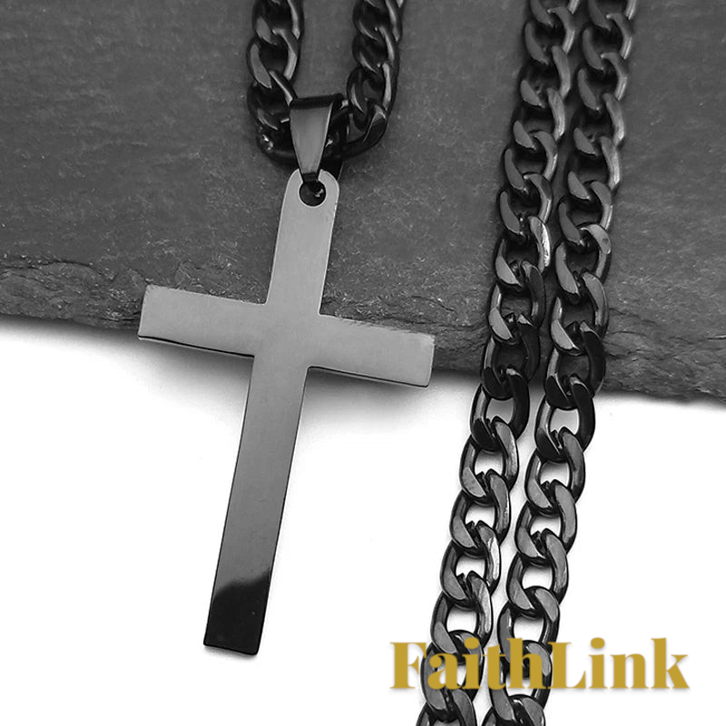 Gr8est black stainless steel cross pendant necklace with a thick link chain, featuring a sleek minimalist design.
