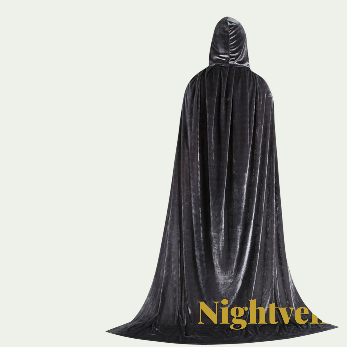 Gr8est long black hooded velvet cloak for Halloween costumes and cosplay, shown from the back
