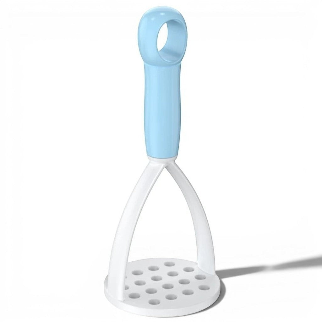 Gr8est light blue and white plastic potato masher with an ergonomic handle for easy vegetable mashing and crushing.