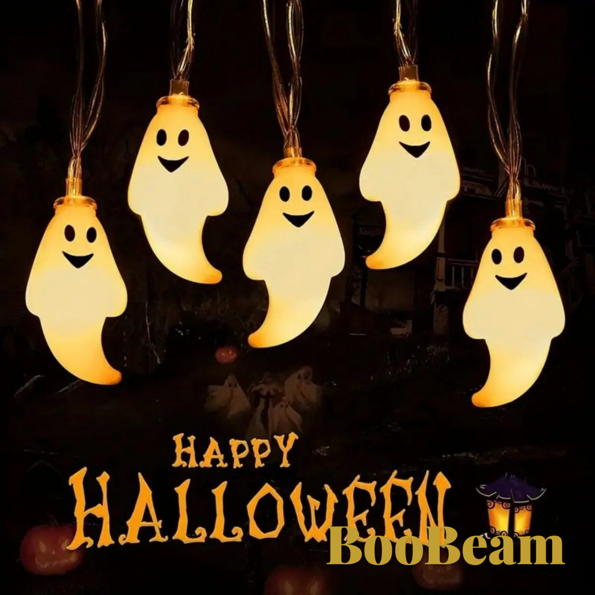 Gr8est BooBeam ghost-shaped LED string lights glowing with a warm white light for Halloween party decorations.