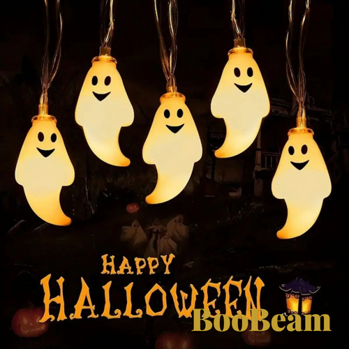 Gr8est BooBeam ghost-shaped LED string lights glowing with a warm white light for Halloween party decorations.