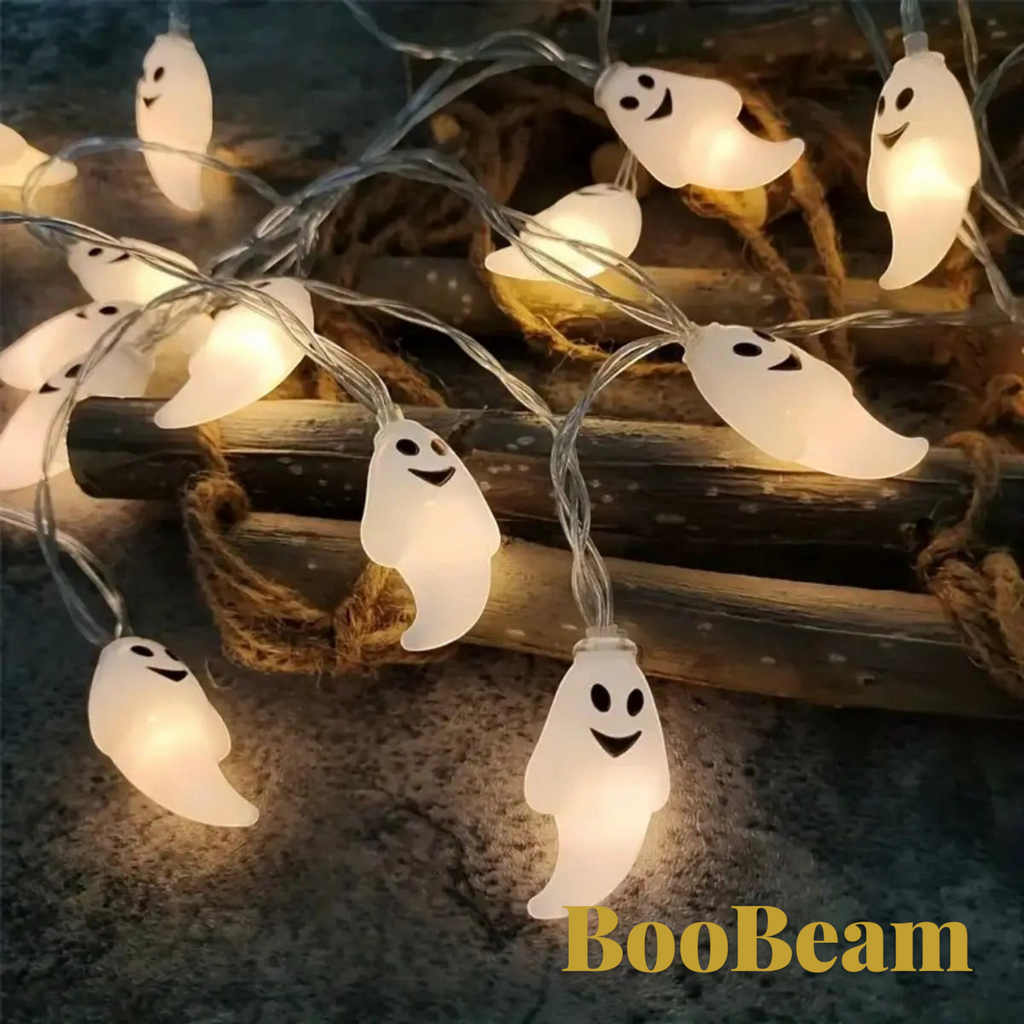 Gr8est BooBeam ghost-shaped LED string lights glowing with a warm white light for Halloween decoration